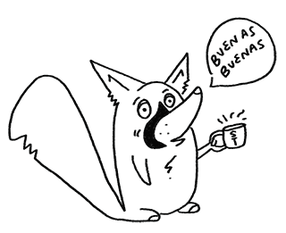 Luwi, mascota de la sorboteca, sostiene una taza de café y salida diciendo buenas buenas